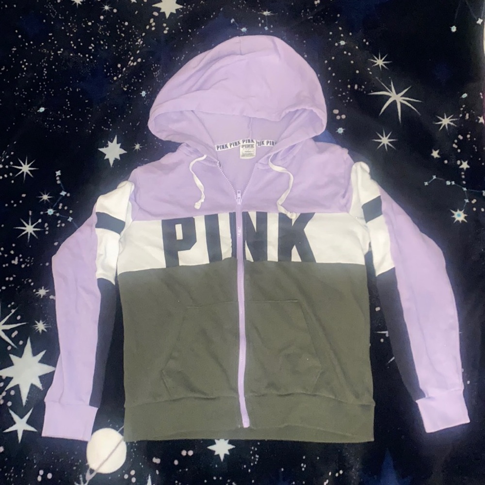 VS PINK Lavender and Army Green Logo Full-zip Hoodie